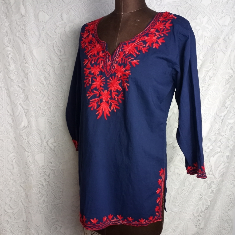 100% Cotton Floral Embroidered Tunic Top Made in India Red Navy Blue Size M